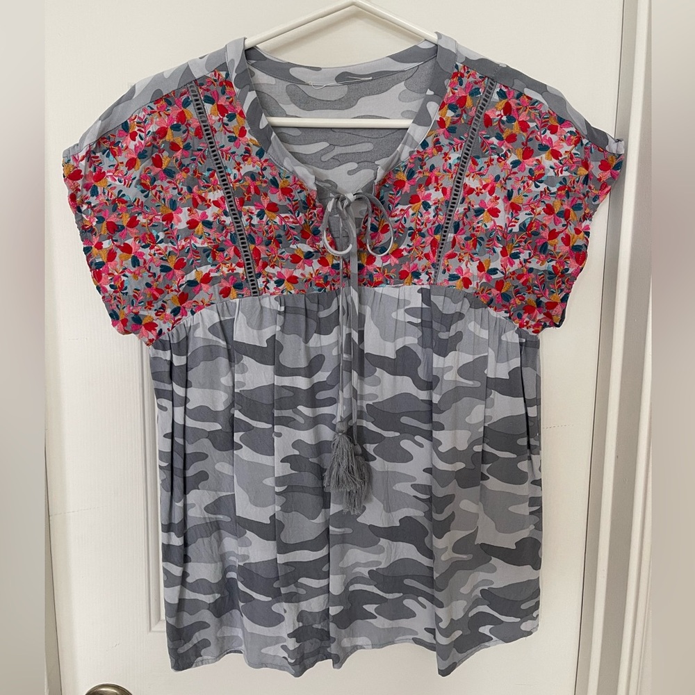 Savannah Jane Floral and Camo Embroidered Women's Top
